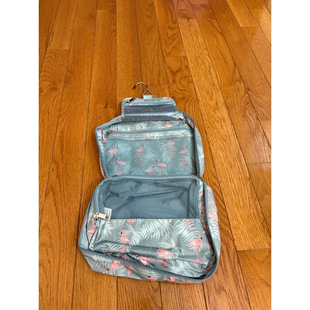 Narwey Hanging Toiletry Bag Flamingo Tropical Travel Organizer Blue-Grey Pink